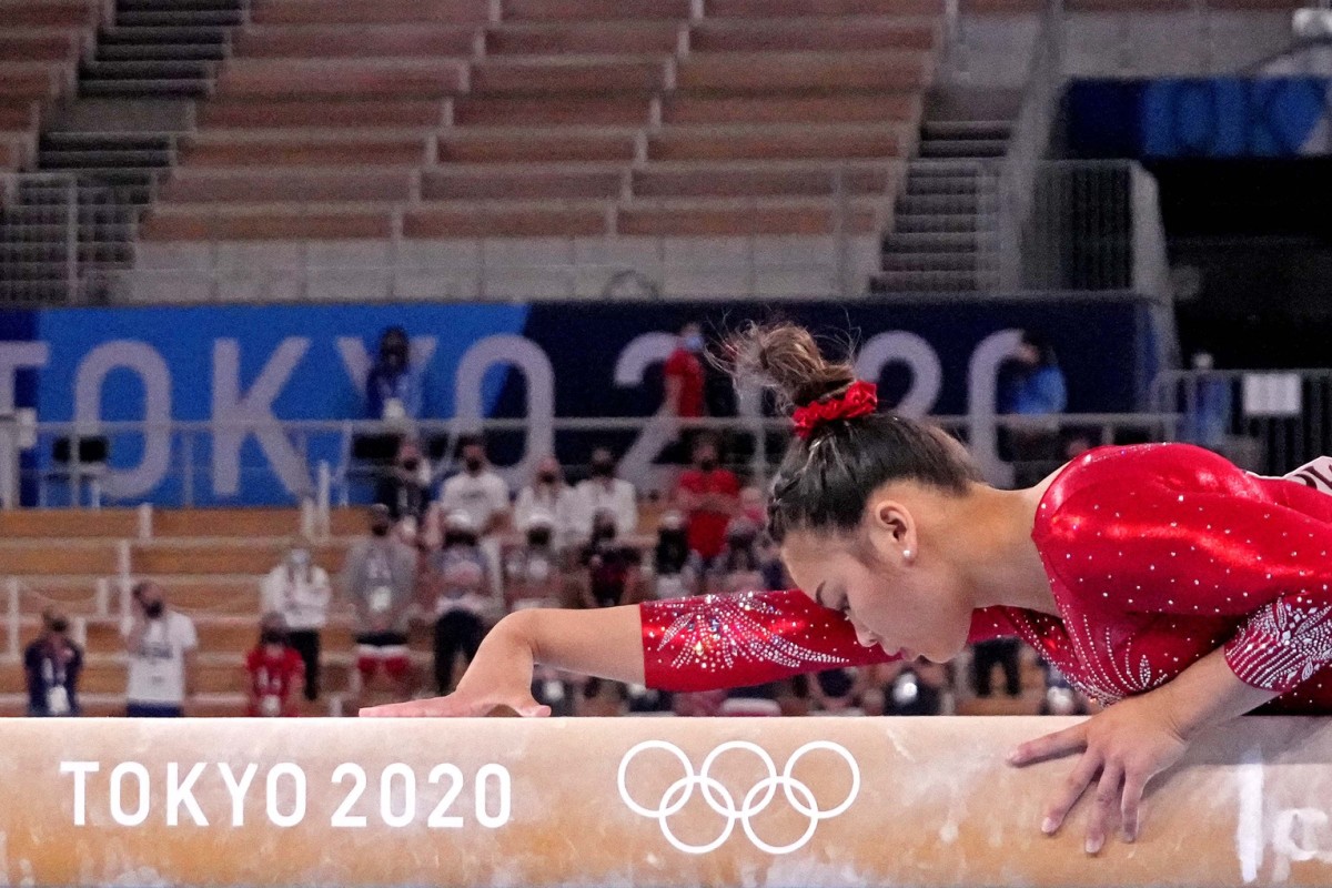 Sunisa Lee (USA) on the balance beam during the Tokyo 2020 Olympic Summer Games at Ariake Gymnastics Centre.