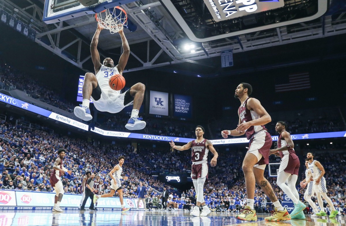 Kentucky's Oscar Tshiebwe slams down two in the first half at Rupp Arena Tuesday night. January 25, 2022 Kentucky Vs Mississippi State Jan 25 2022 Kentucky's Oscar Tshiebwe dunks vs. Mississippi State men's basketball.