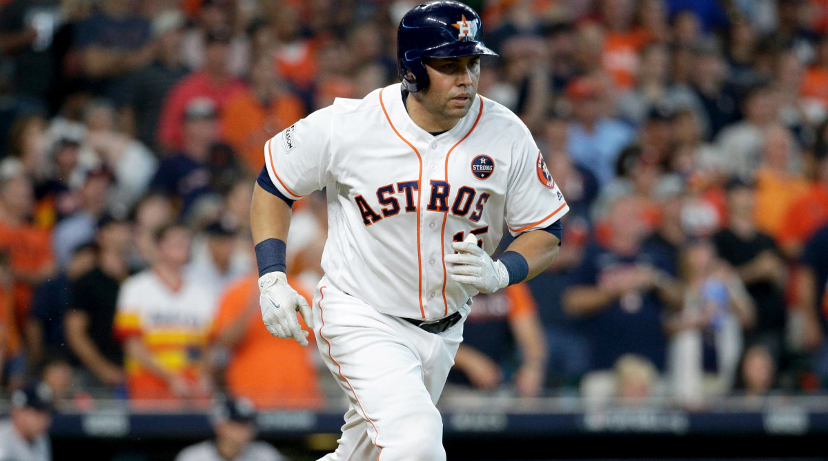 Oct 14, 2017; Houston, TX, USA; Houston Astros designated hitter Carlos Beltran (15) bats during game two of the 2017 ALCS playoff baseball series of the Houston Astros against the New York Yankees at Minute Maid Park.