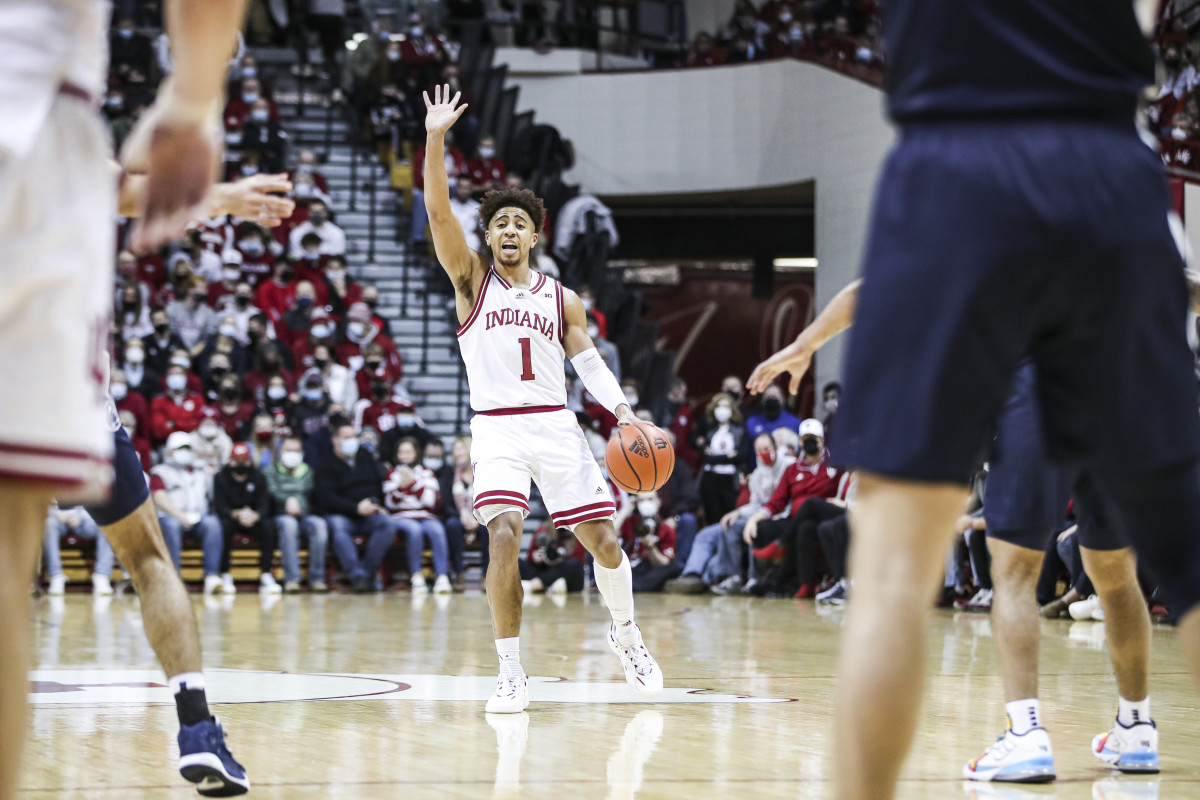 Indiana guard Rob Phinisee (1) injured his foot on Wednesday against Penn State and is now out indefinitely. (Photos courtesy of IU Athletics)