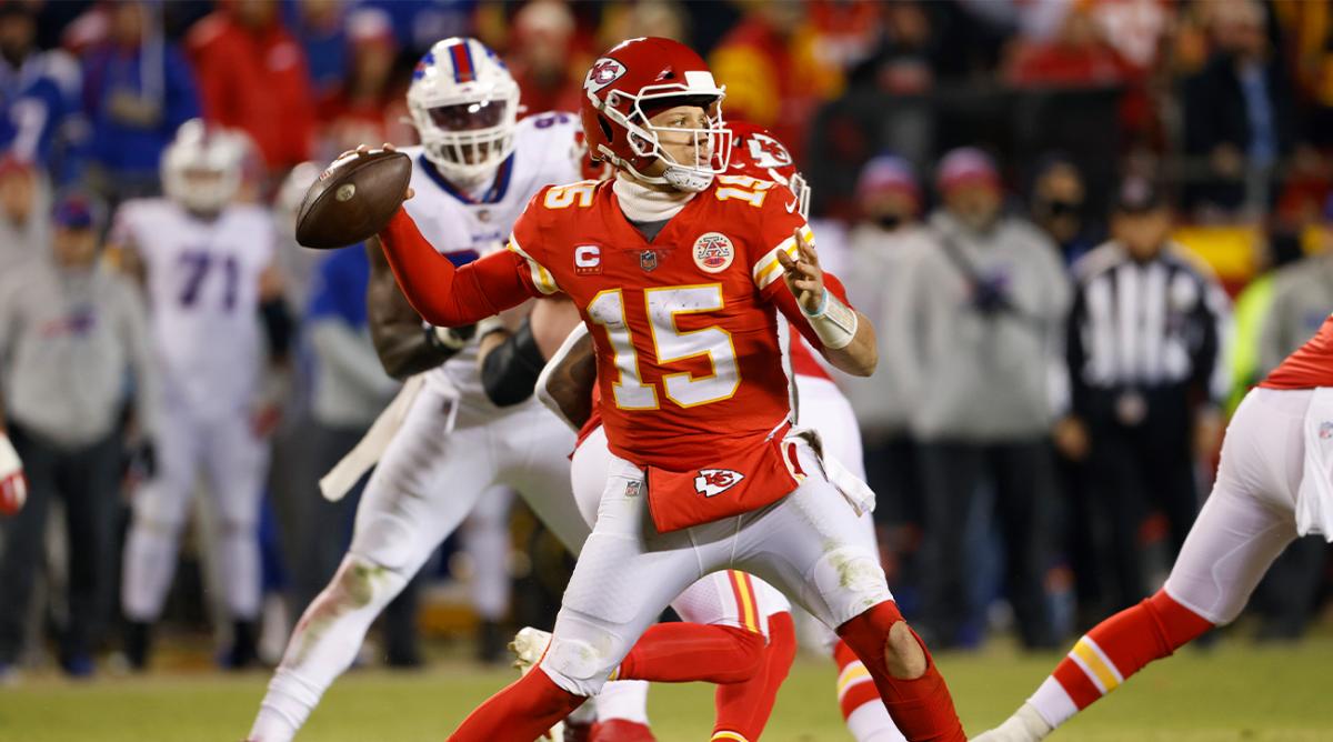 Kansas City Chiefs quarterback Patrick Mahomes (15) throws a pass during the second half of an NFL divisional round playoff football game against the Buffalo Bills, Sunday, Jan. 23, 2022, in Kansas City, Mo.