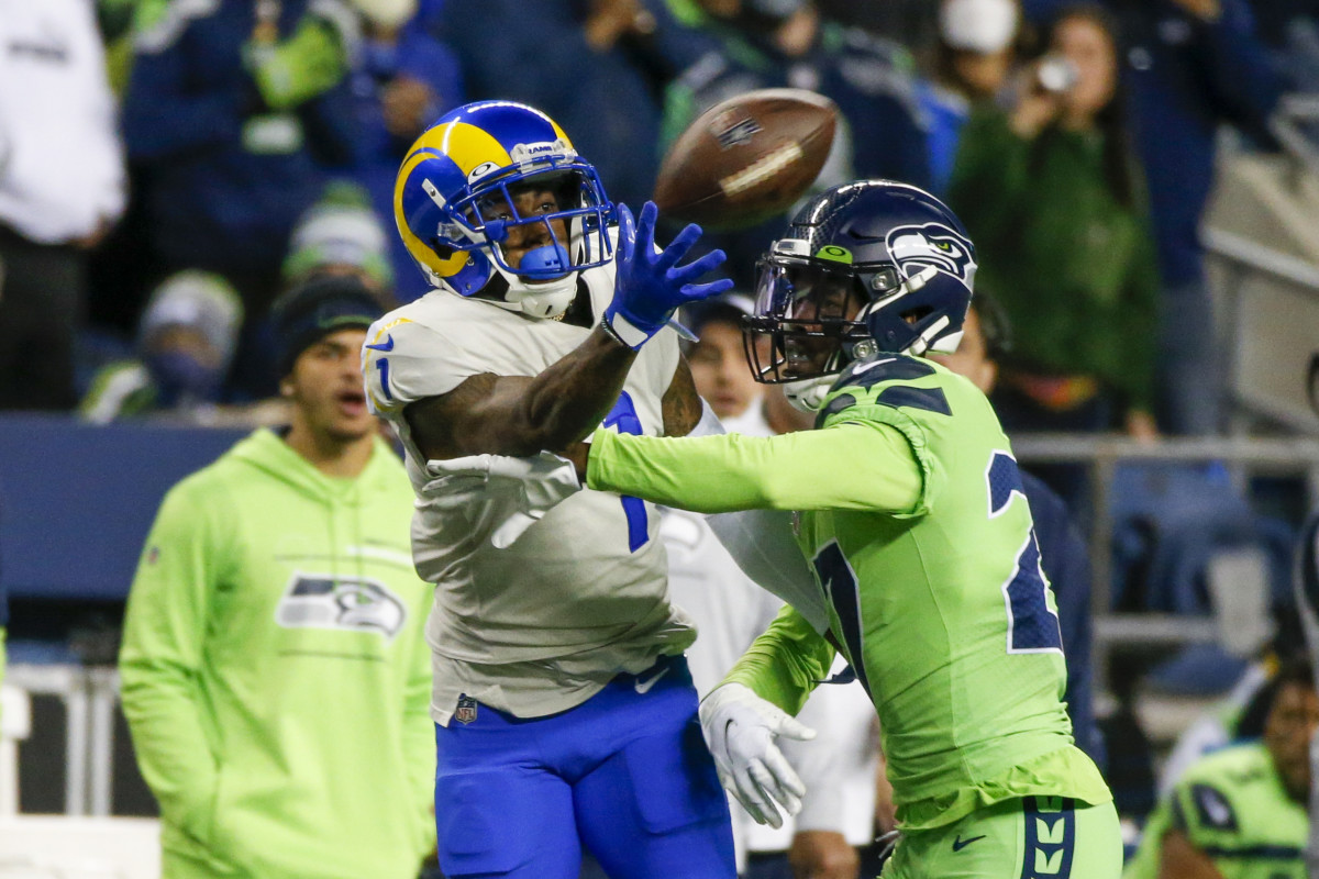 Seattle Seahawks defensive back Marquise Blair (27) breaks up a pass intended for Los Angeles Rams wide receiver DeSean Jackson (1) during the fourth quarter at Lumen Field.