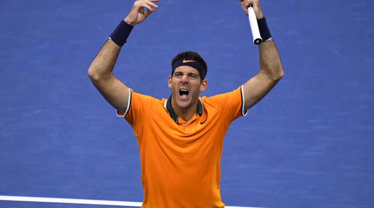 Juan Martin Del Potro of Argentina celebrates winning a game in the third set against Novak Djokovic of Serbia (not pictured) in the men's final on day fourteen of the 2018 U.S. Open tennis tournament