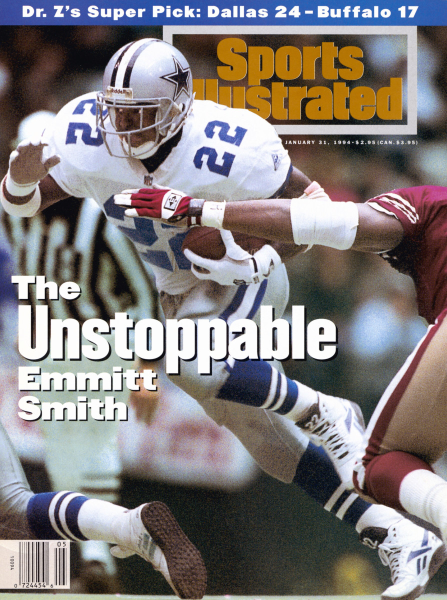 Sports Illustrated Cover, Football: NFC Playoffs, Dallas Cowboys Emmitt Smith (22) in action, rushing vs San Francisco 49ers, Irving, TX 1/23/1994 (Photo by Peter Read Miller/Sports Illustrated)