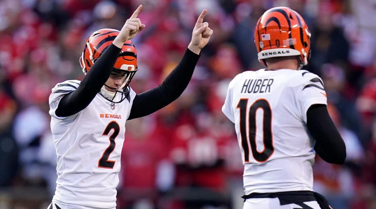 Cincinnati Bengals kicker Evan McPherson (2) celebrates with Kevin Huber (10) after kicking a 52-yard field goal during the second half of the AFC championship NFL football game against the Kansas City Chiefs, Sunday, Jan. 30, 2022, in Kansas City, Mo.