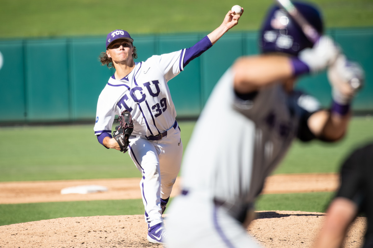 May 29, 2021; Oklahoma City, Oklahoma, USA; TCU Horned Frogs pitcher Austin Krob (39) pitches to Kansas State Wildcats during the second inning at Chickasaw Bricktown Ballpark.