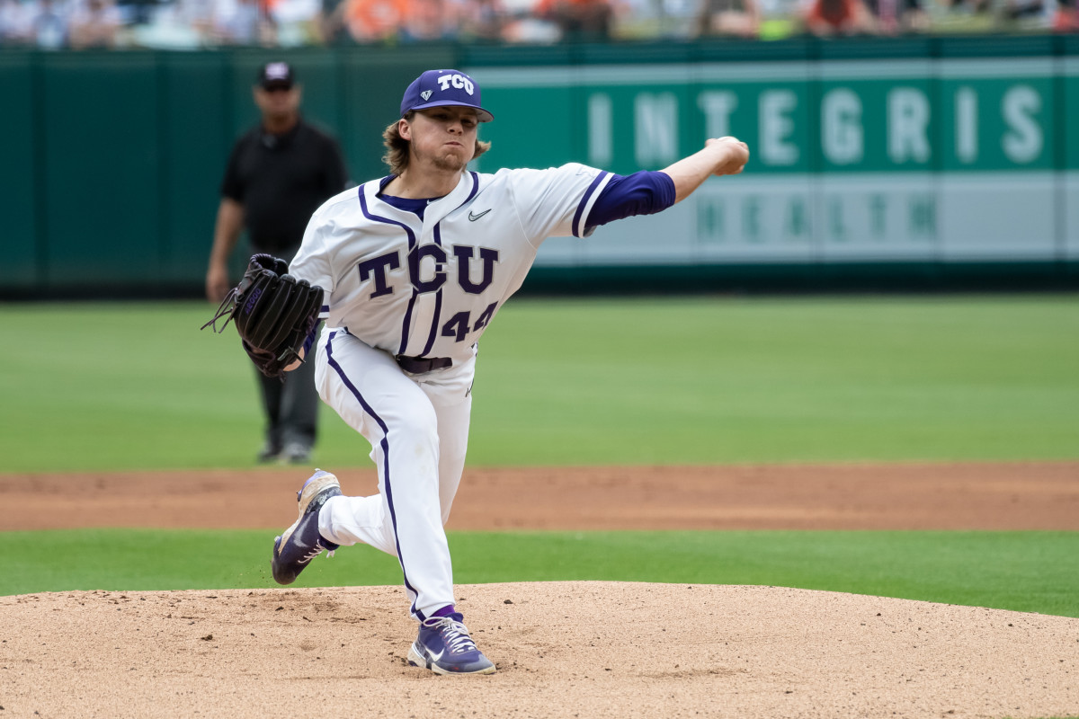 Reliever River Ridings pitches in the Big 12 Tournament against Oklahoma State.