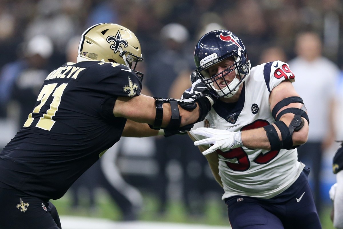 Sep 9, 2019; Houston defensive end J.J. Watt (99) is blocked by New Orleans Saints offensive tackle Ryan Ramczyk (71). Mandatory Credit: Chuck Cook-USA TODAY 