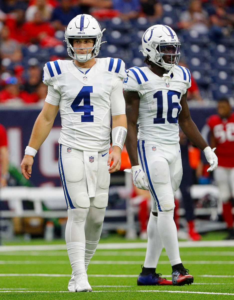 Indianapolis Colts second string quarterback Sam Ehlinger (4) and wide receiver Ashton Dulin (16) walk the field during the fourth quarter of the game Sunday, Dec. 5, 2021, at NRG Stadium in Houston. Indianapolis Colts Versus Houston Texans On Sunday Dec 5 2021 At Nrg Stadium In Houston Texas