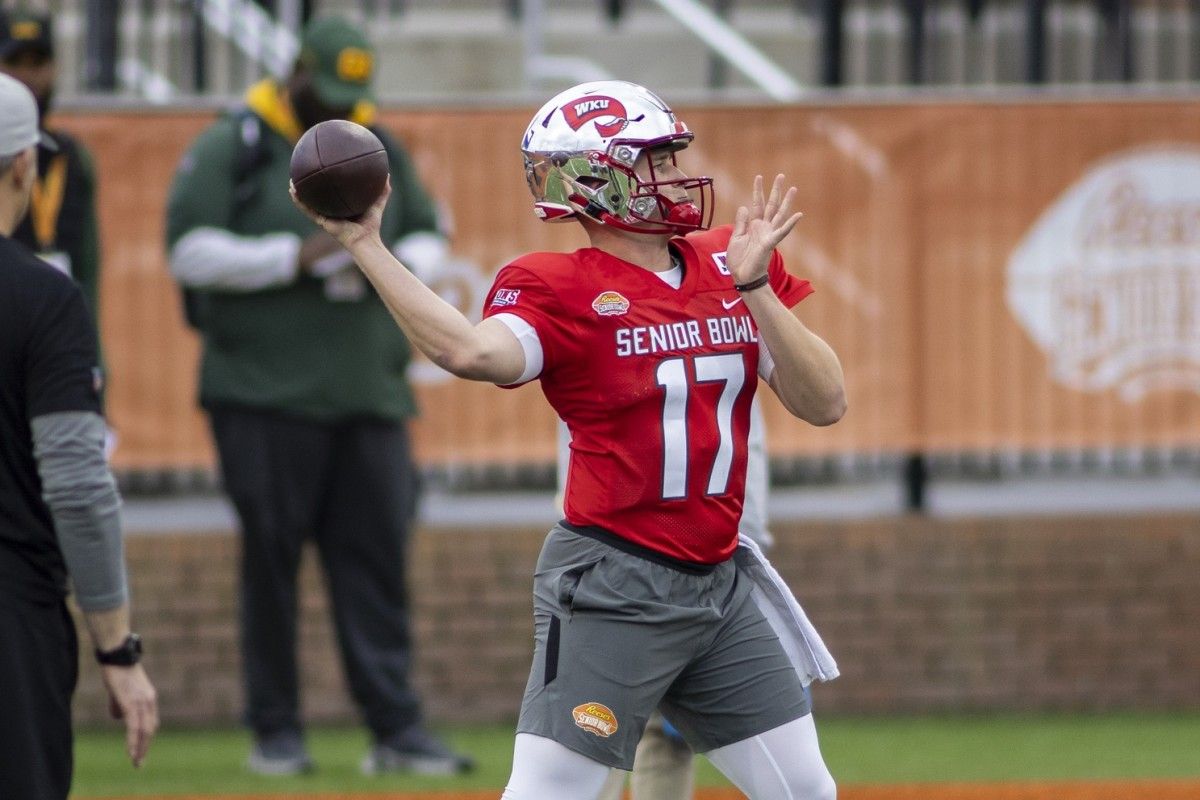American quarterback Bailey Zappe of Western Kentucky (17) throws during American practice for the 2022 Senior Bowl at Hancock Whitney Stadium.
