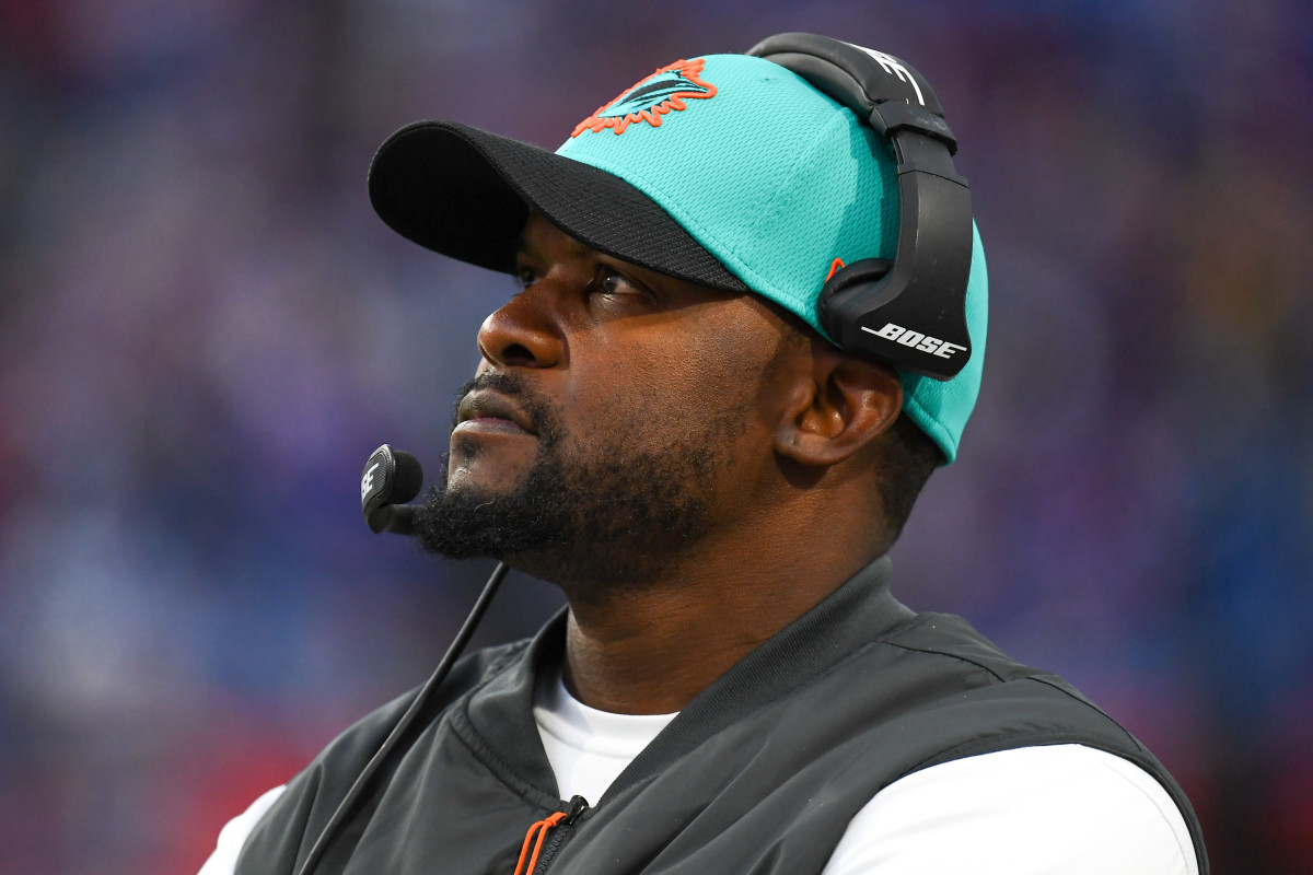 Miami Dolphins head coach Brian Flores looks at the video board against the Buffalo Bills during the second half at Highmark Stadium.