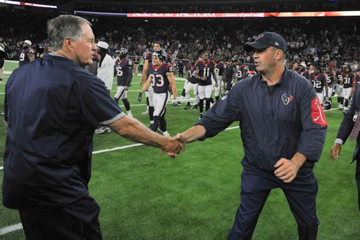 Texans head coach Bill O'Brien and Patriots head coach Bill Belichick share a moment after a preseason game in 2017.