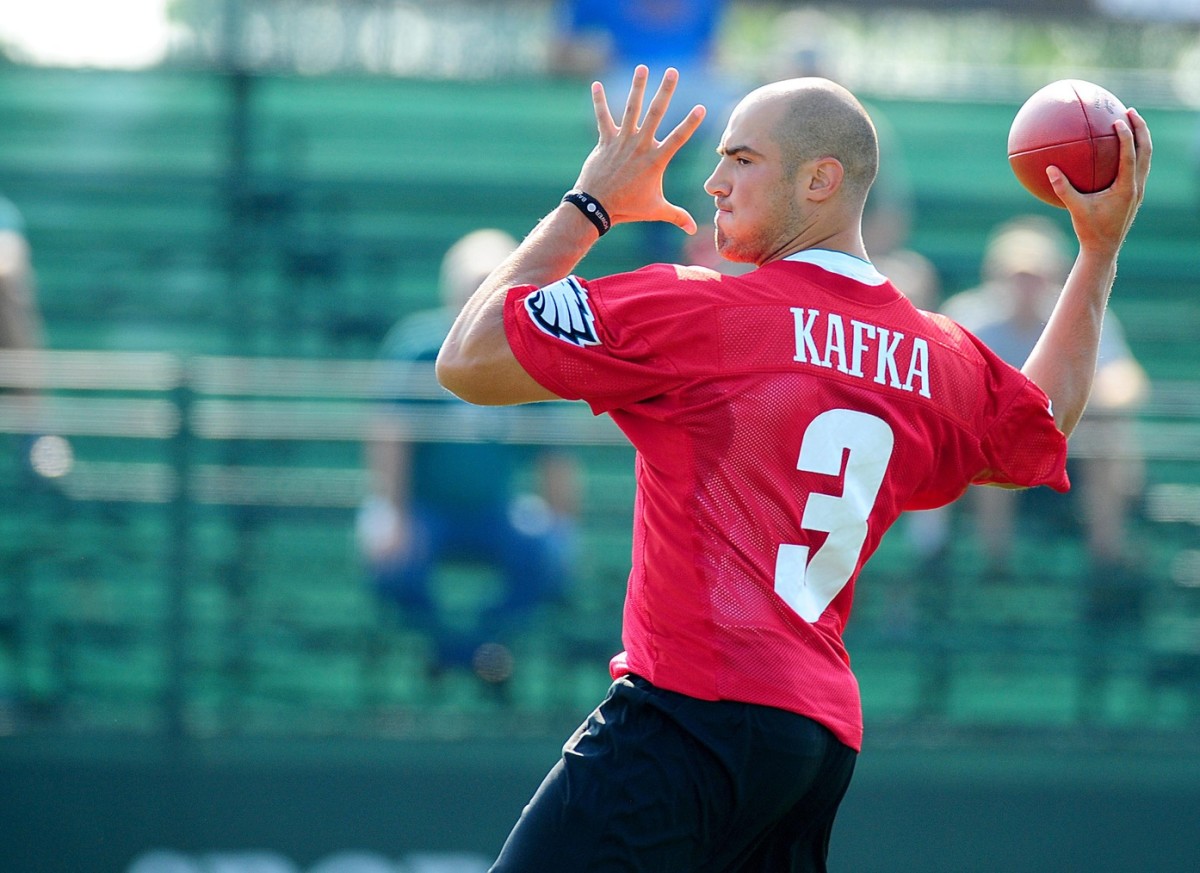 July 23, 2012; Bethlehem, PA. USA; Philadelphia Eagles quarterback Mike Kafka (3) throws a pass during training camp at Lehigh University. Mandatory Credit: Evan Habeeb-USA TODAY Sports