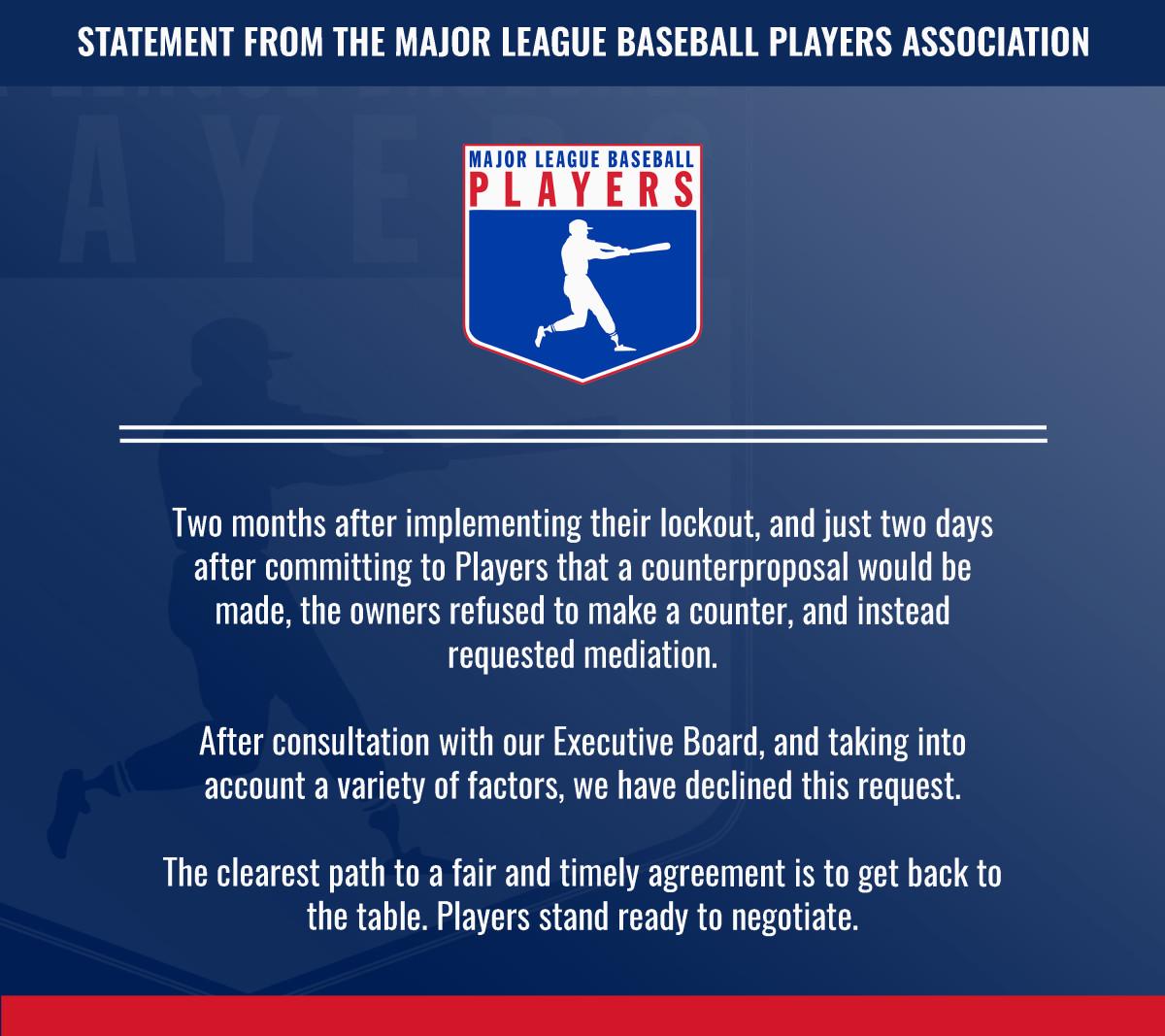 MLBPA statement rejecting federal mediation