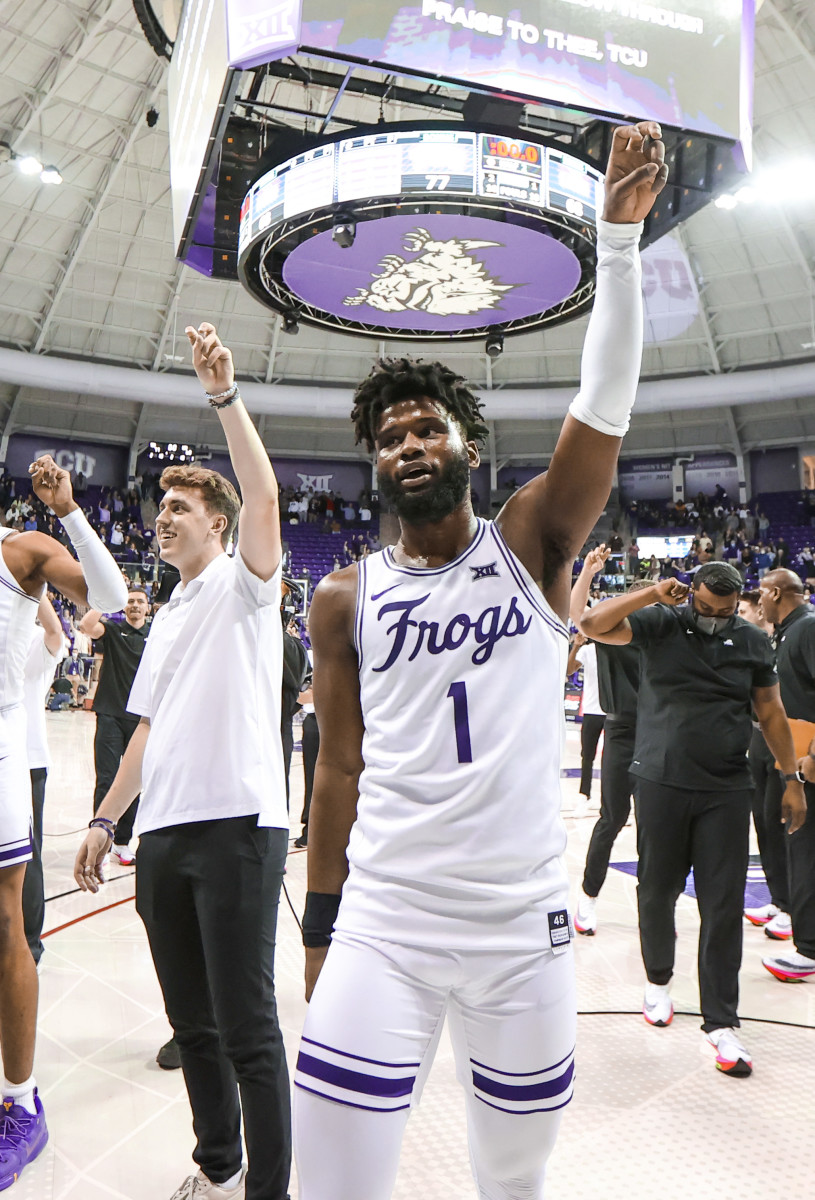 Jan 29, 2022; Fort Worth, Texas, USA; TCU Horned Frogs guard Mike Miles (1) celebrates after the game against the LSU Tigers at Ed and Rae Schollmaier Arena