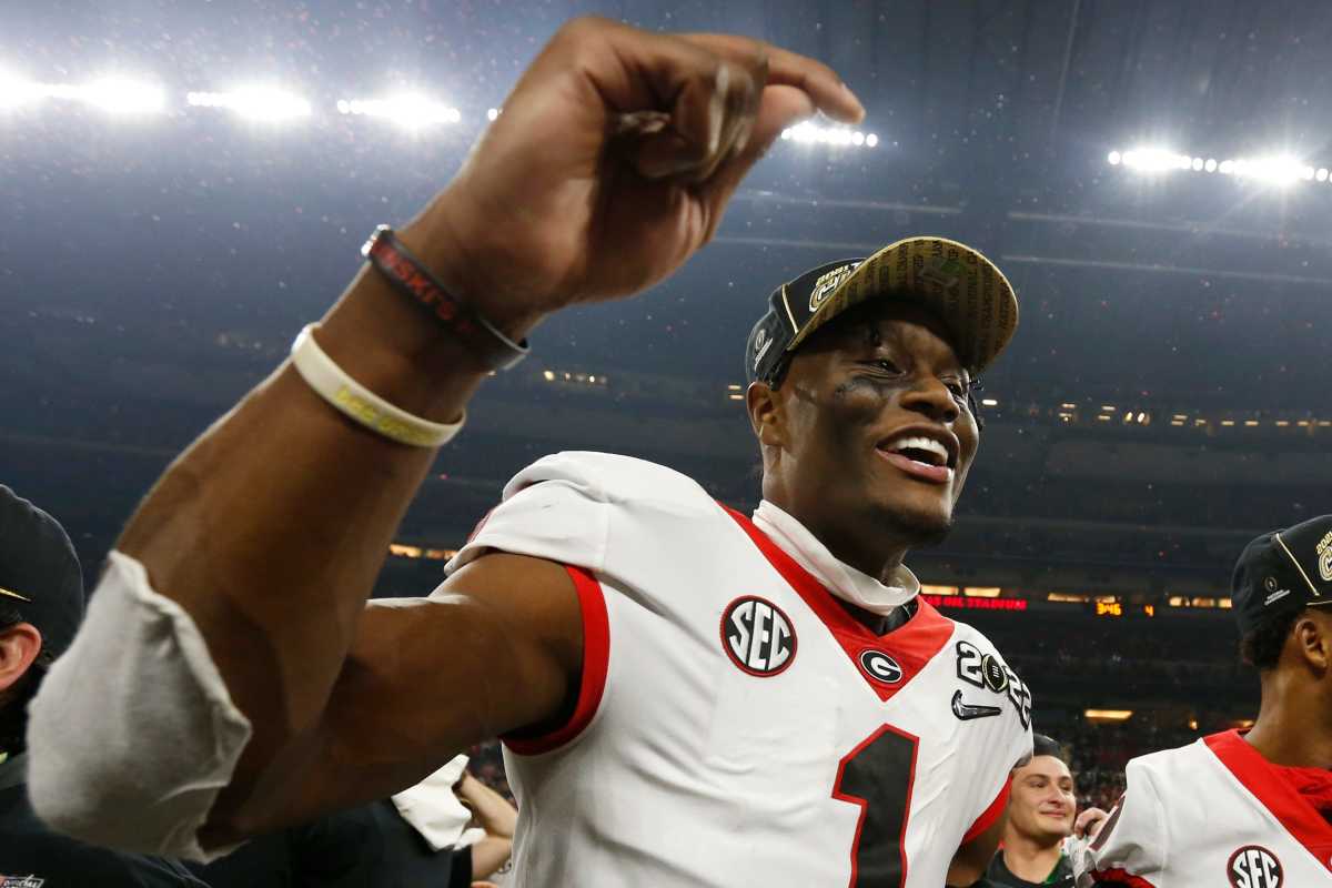 Georgia wide receiver George Pickens (1) celebrates after winning the College Football Playoff National Championship game in Indianapolis, on Monday, Jan. 10, 2022. News Joshua L Jones