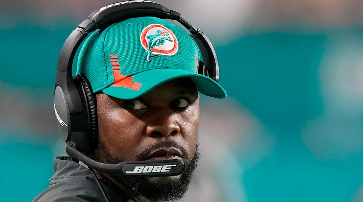 FILE - Miami Dolphins head coach Brian Flores during the second half of an NFL football game against the New England Patriots, Sunday, Jan. 9, 2022, in Miami Gardens, Fla. Fired Miami Dolphins Coach Brian Flores sued the NFL and three of its teams Tuesday, Feb. 1, 2022 saying racist hiring practices by the league have left it racially segregated and managed like a plantation.