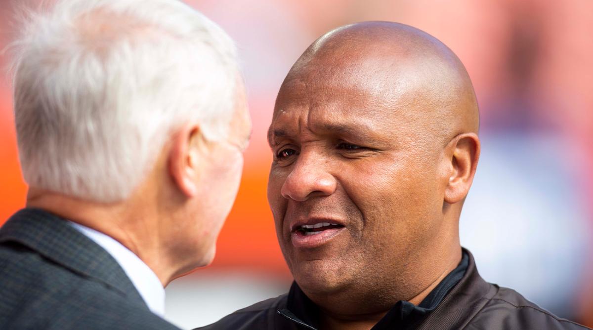 Oct 14, 2018; Cleveland, OH, USA; Cleveland Browns head coach Hue Jackson, right, talks with team owner Jimmy Haslam before the game against the Los Angeles Chargers at FirstEnergy Stadium.