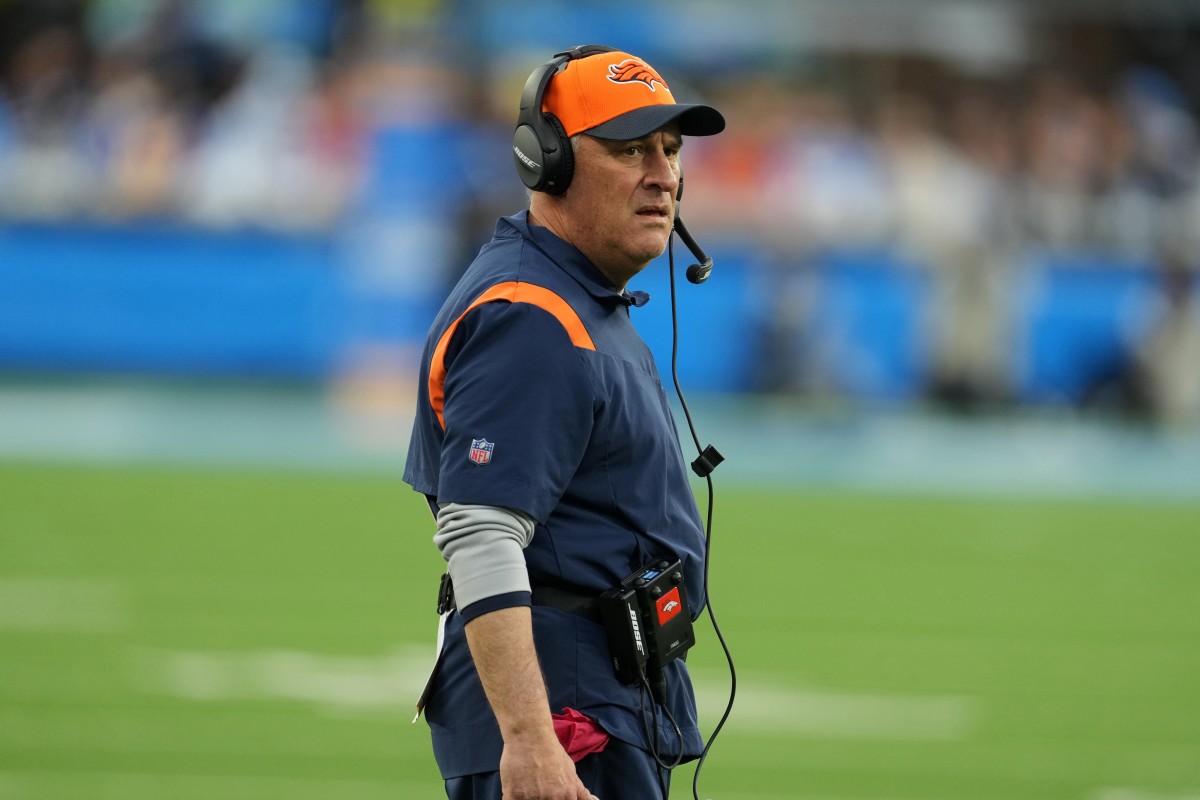 Jan 2, 2022; Inglewood, California, USA; Denver Broncos head coach Vic Fangio watches from the sidelines in the second half against the Los Angeles Chargers at SoFi Stadium.