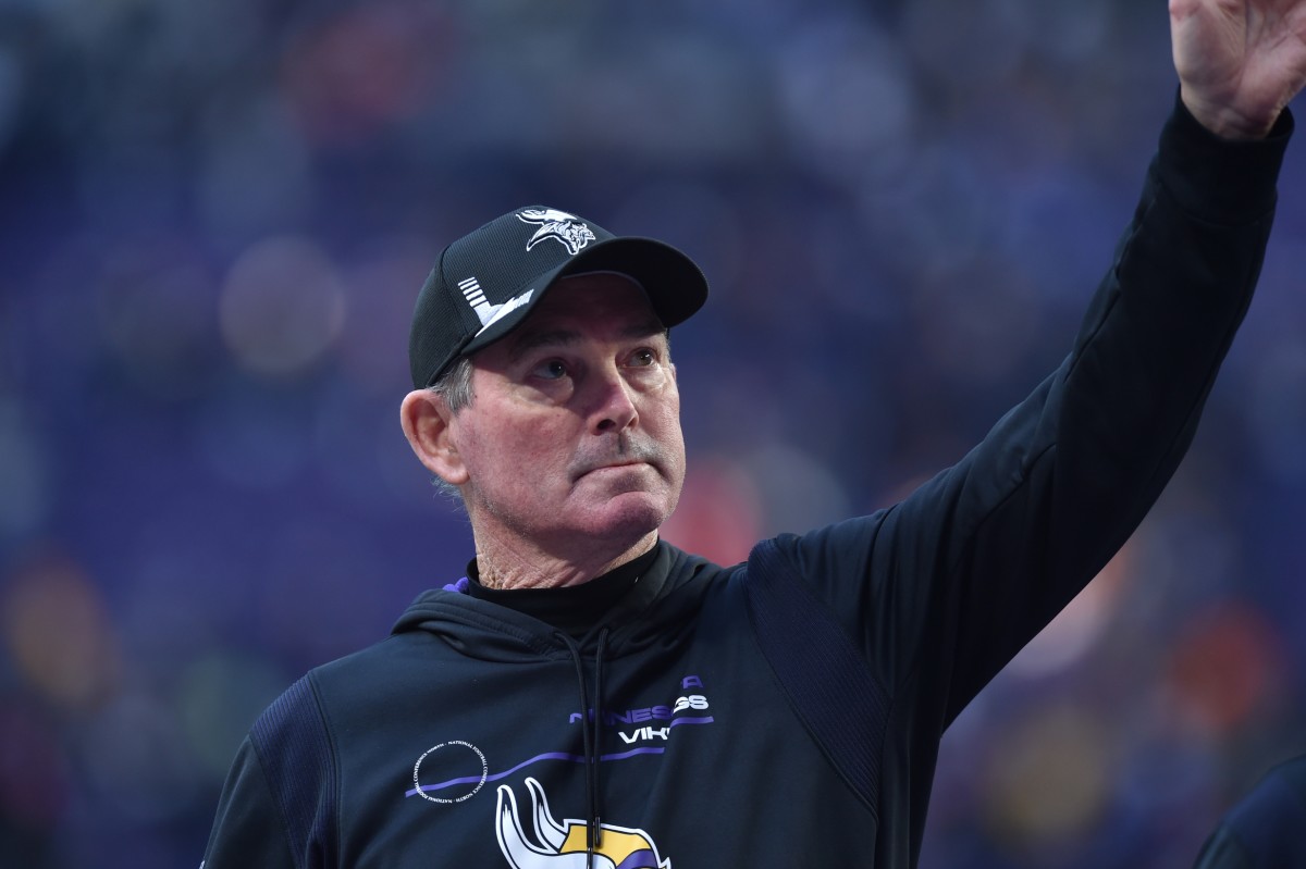 Jan 9, 2022; Minneapolis, Minnesota, USA; Minnesota Vikings head coach Mike Zimmer waves to the crowd after the game against the Chicago Bears at U.S. Bank Stadium.