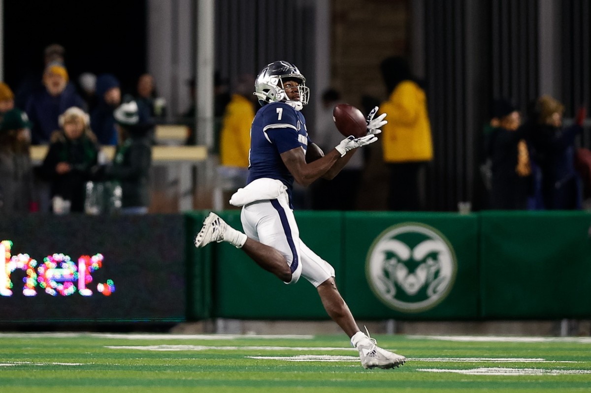 Nov 27, 2021; Fort Collins, Colorado, USA; Nevada Wolf Pack wide receiver Romeo Doubs (7) makes a catch for a touchdown in the third quarter against the Colorado State Rams at Sonny Lubrick Field at Canvas Stadium.
