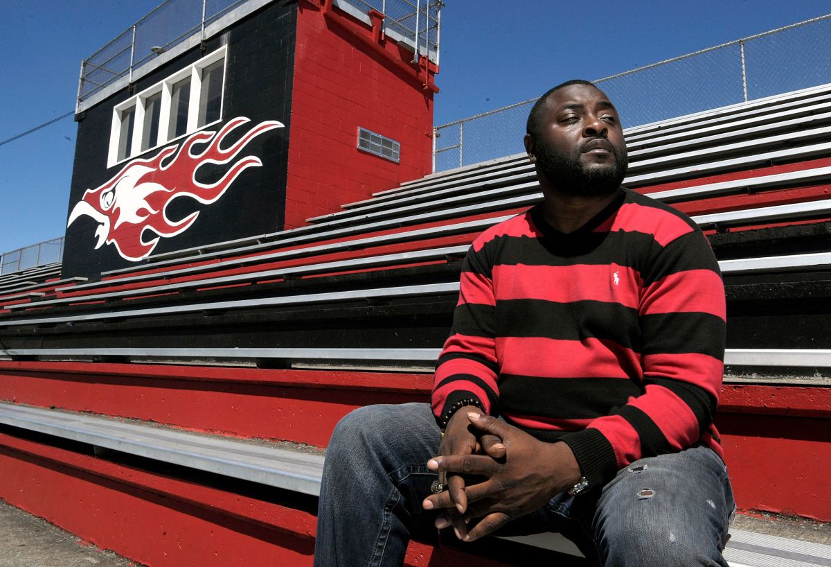 Former Pearl-Cohn High School star running back Santonio Beard sits in the football stands of his former high school in Nashville on Wednesday, April 16, 2019. Beard went on to play at Alabama.