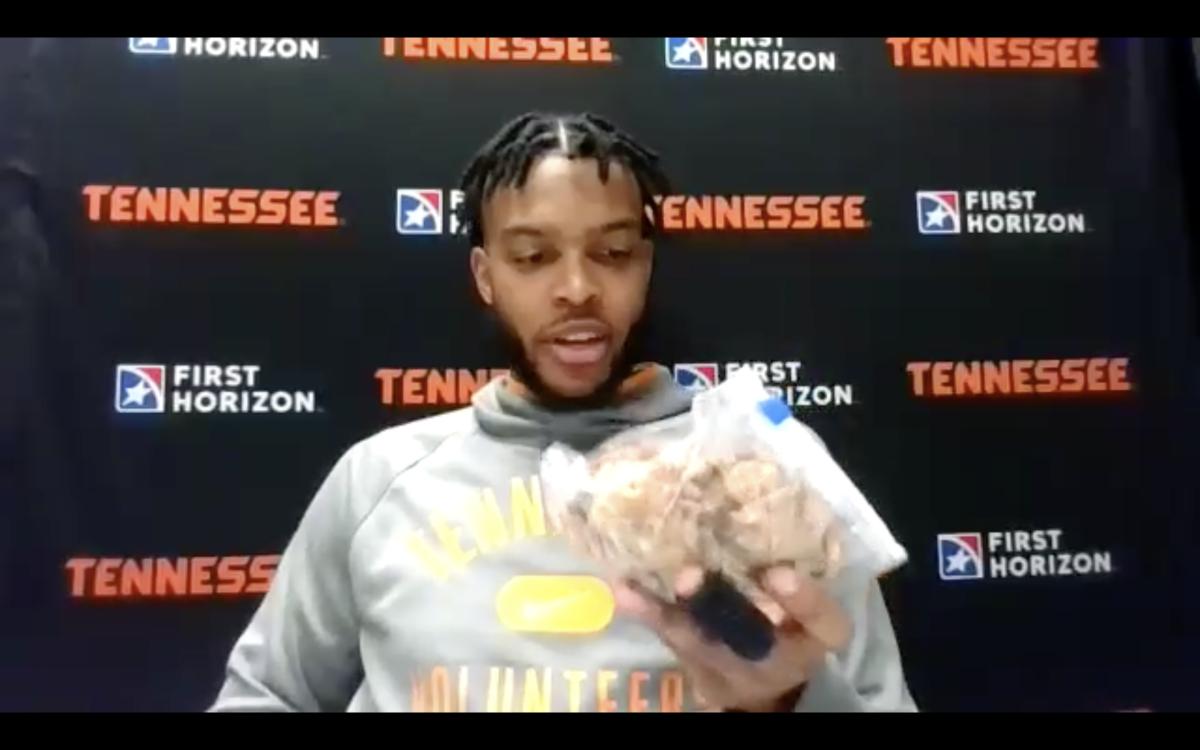 Josiah-Jordan James shows the media the bag of cookies his grandmother made him.