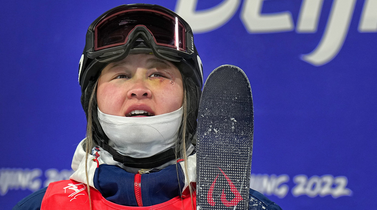Team USA's Kai Owens waits for her scores during the women's moguls competition at the 2022 Winter Olympics.