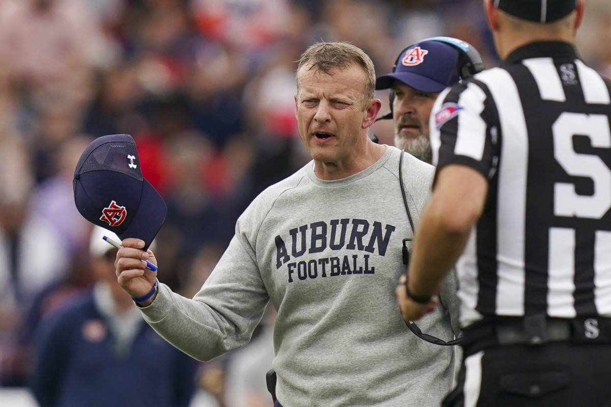 Dec 28, 2021; Birmingham, Alabama, USA; Auburn Tigers head coach Bryan Harsin during the second half against the Houston Cougars during 2021 Birmingham Bowl at Protective Stadium. Mandatory Credit: Marvin Gentry-USA TODAY Sports