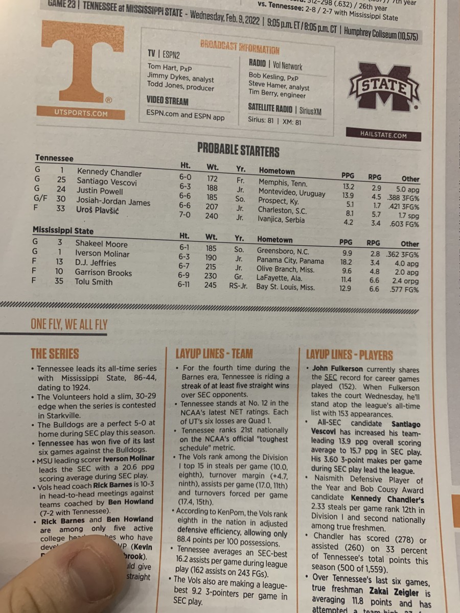 Tennessee Athletics' Game Notes for Mississippi State Game
