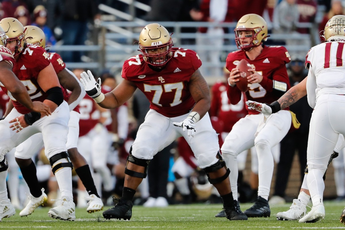 Boston College's Zion Johnson (77) excelled at the Senior Bowl