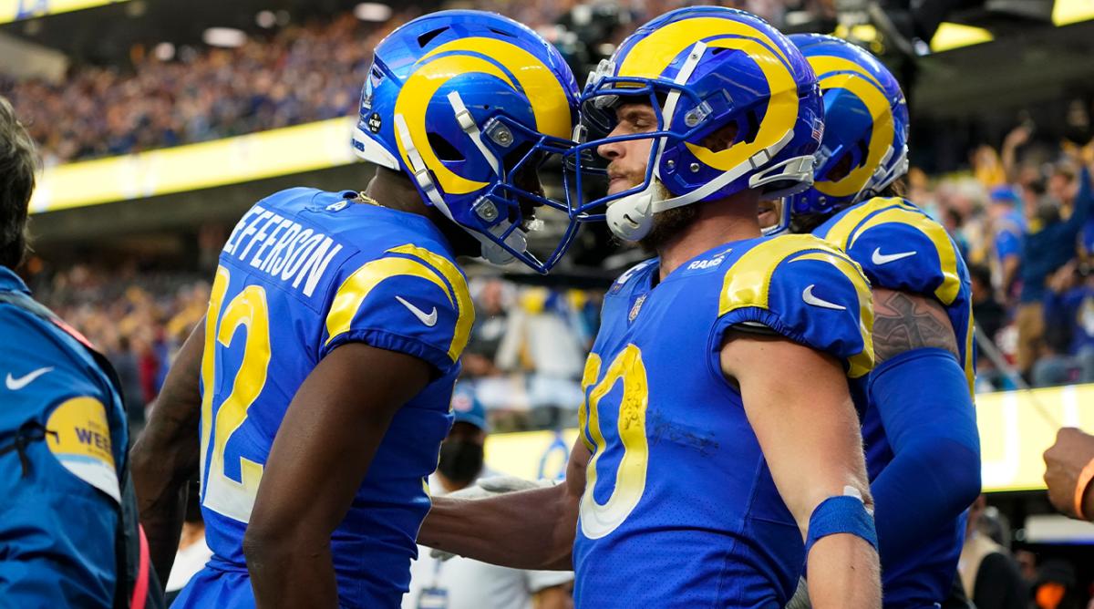 Los Angeles Rams wide receiver Cooper Kupp, front right, celebrates with wide receiver Van Jefferson (12) after his touchdown catch during the second half of an NFL football game against the San Francisco 49ers, Sunday, Jan. 9, 2022, in Inglewood, Calif.