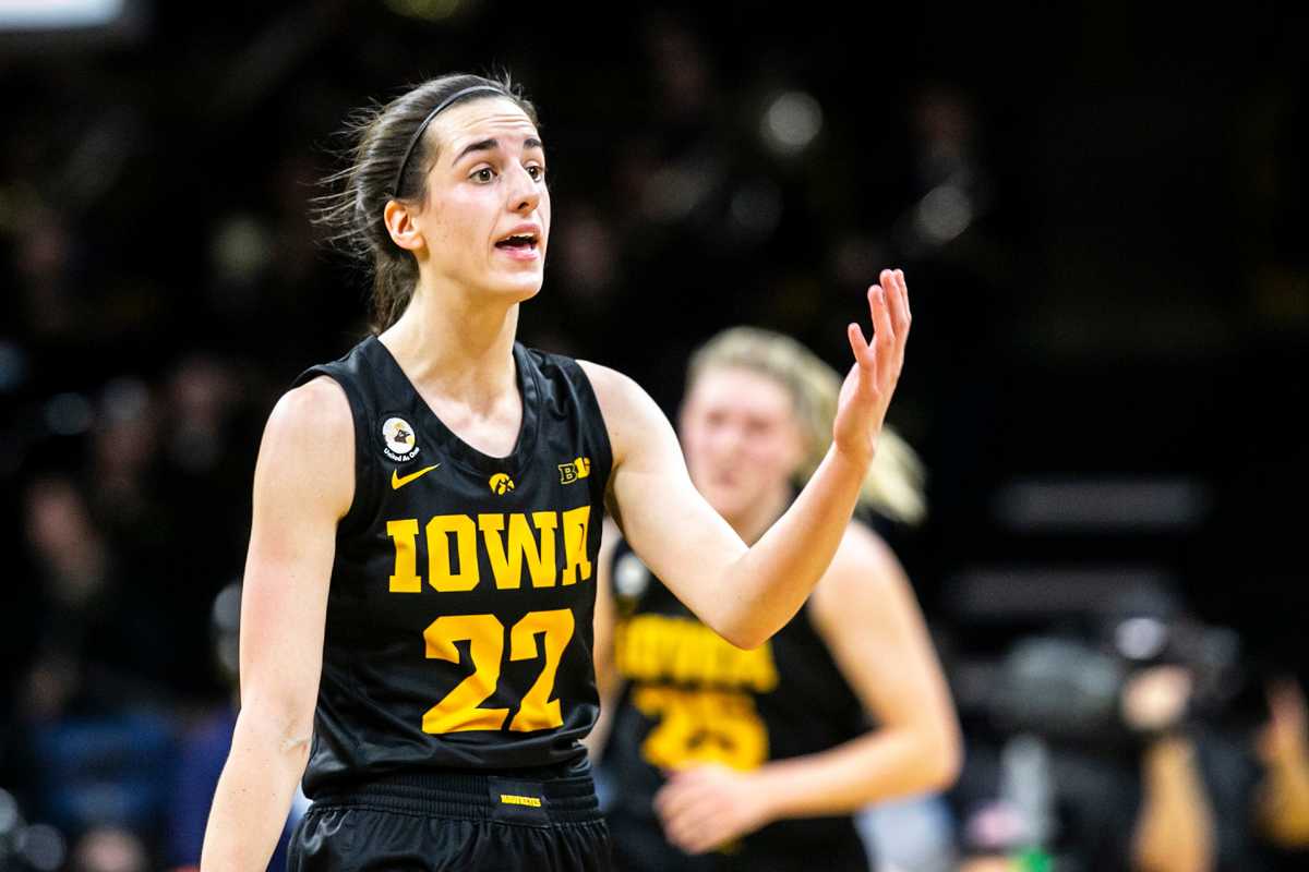 Iowa guard Caitlin Clark (22) reacts during a NCAA Big Ten Conference women's basketball game against Nebraska, Sunday, Jan. 16, 2022, at Carver-Hawkeye Arena in Iowa City, Iowa.