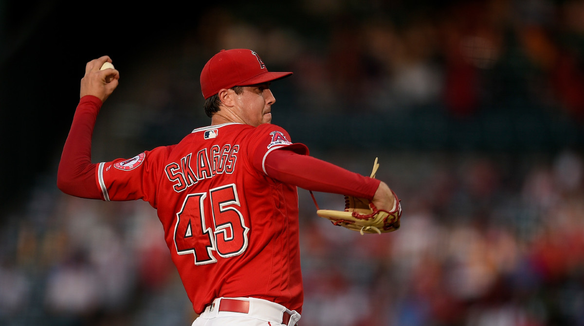 Jun 29, 2019; Anaheim, CA, USA; Los Angeles Angels starting pitcher Tyler Skaggs (45) pitches during the first inning against the Oakland Athletics at Angel Stadium of Anaheim.