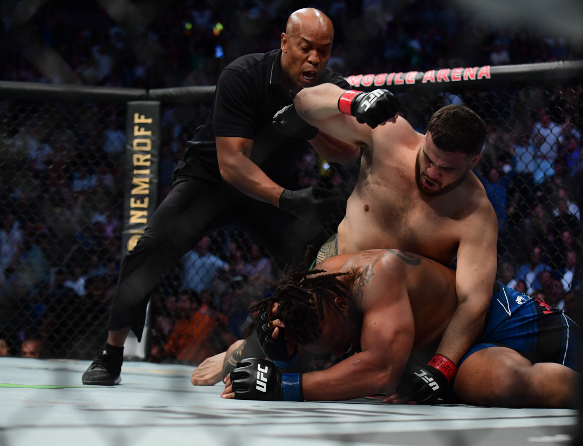 Tai Tuivasa lands hits for a knockout victory against Greg Hardy during UFC 264 at T-Mobile Arena.