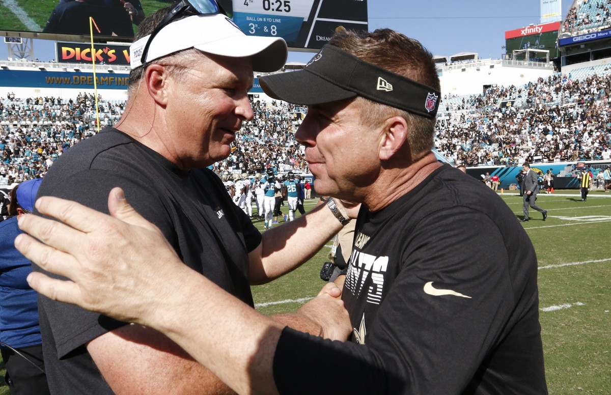 Oct 13, 2019; Former Jacksonville Jaguars coach Doug Marrone (left) and New Orleans Saints coach Sean Payton meet after a game. Mandatory Credit: Reinhold Matay-USA TODAY 