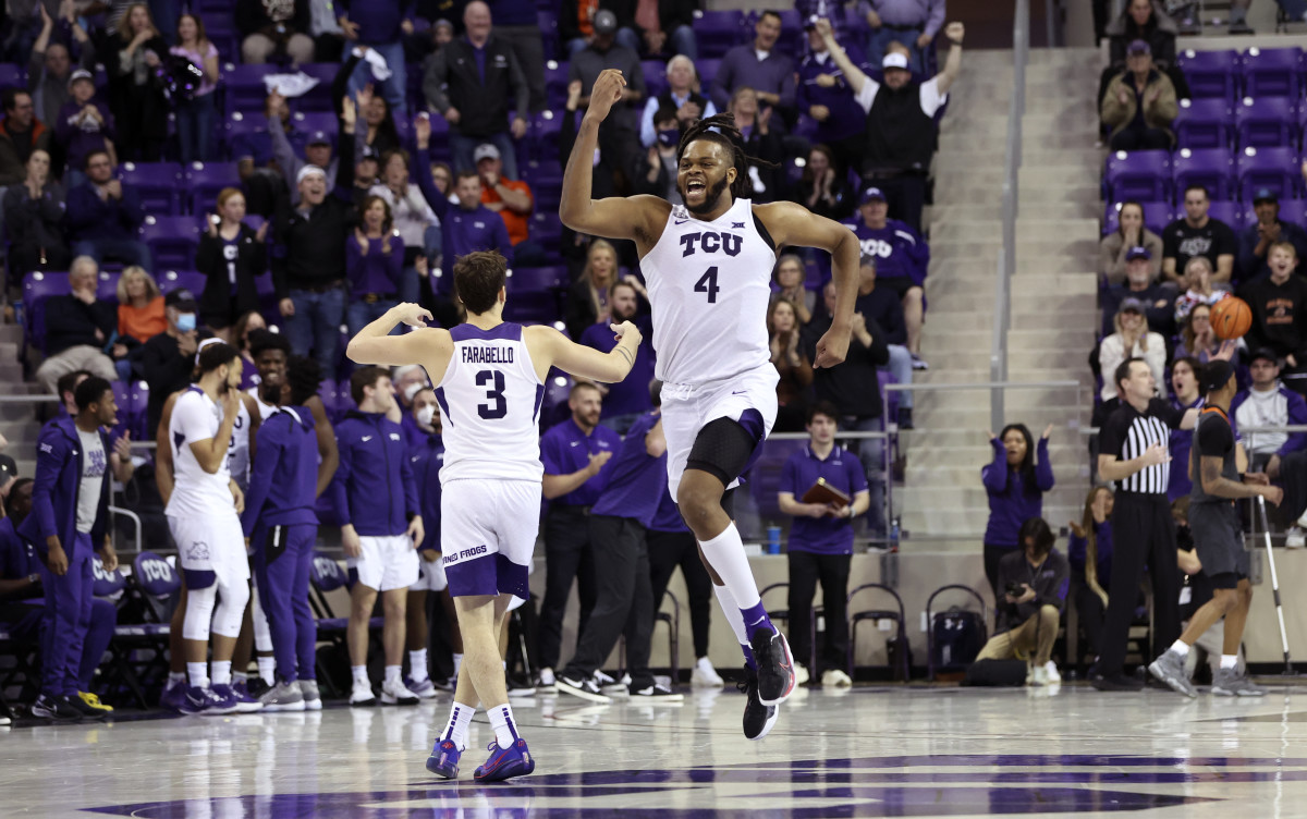 Feb 8, 2022; Fort Worth, Texas, USA; TCU Horned Frogs center Eddie Lampkin (4) reacts during the second half against the Oklahoma State Cowboys at Ed and Rae Schollmaier Arena