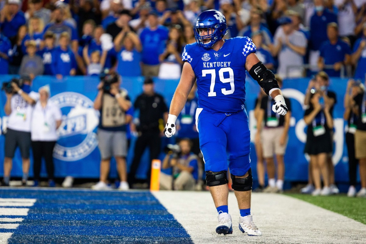 Sep 11, 2021; Lexington, Kentucky, USA; Kentucky Wildcats guard Luke Fortner (79) stands in the end zone after Kentucky scores a touchdown during the fourth quarter against the Missouri Tigers at Kroger Field.