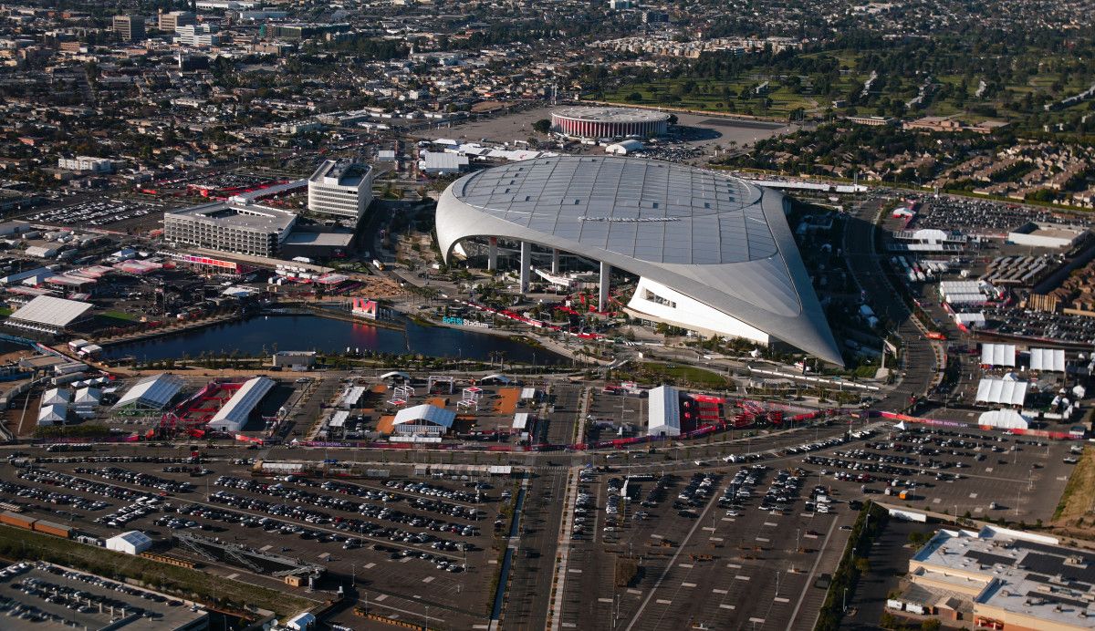 An aerial view of SoFi Stadium, the site of Super Bowl LVI between the Cincinnati Bengals and Los Angeles Rams.