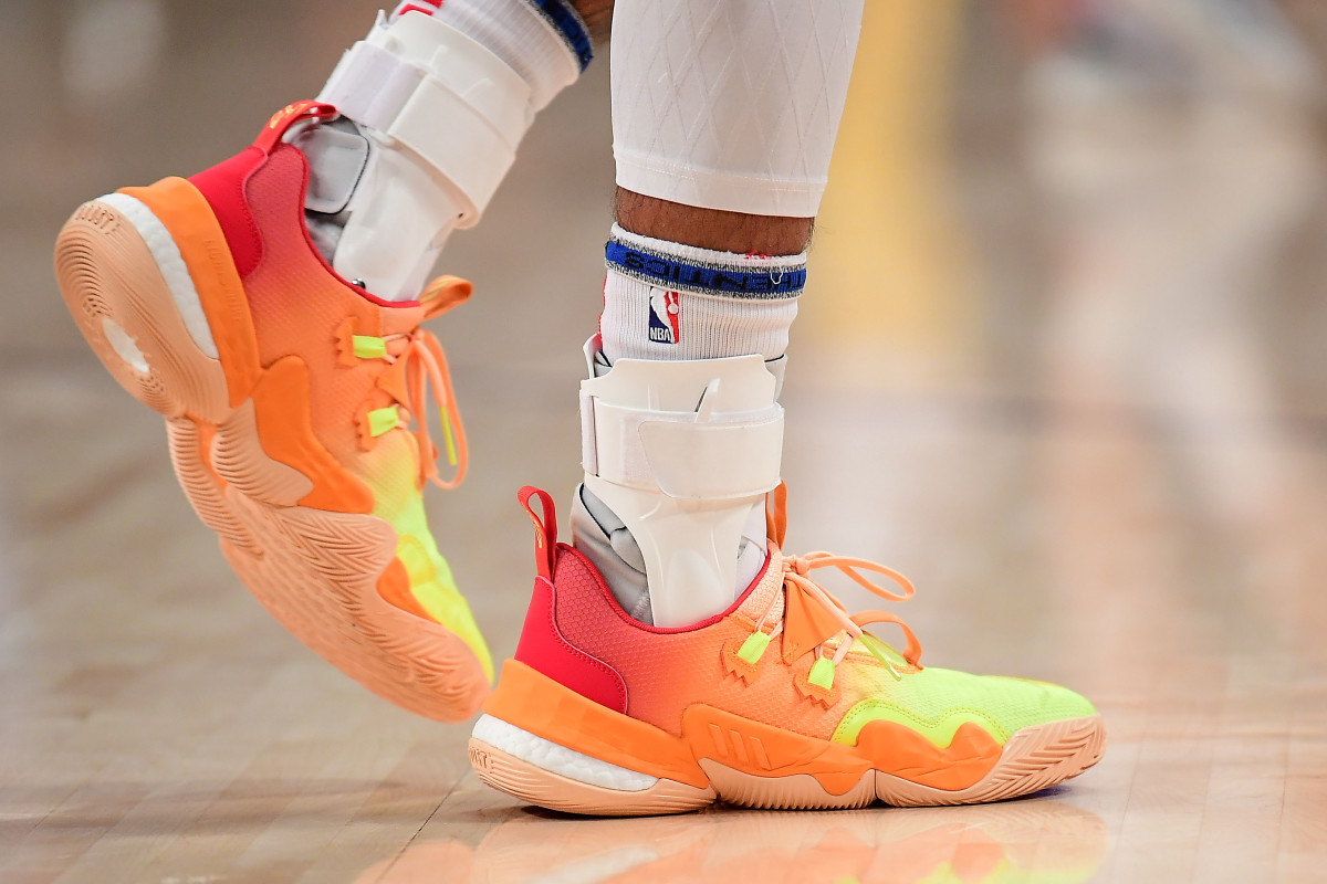 Jan 7, 2022; Los Angeles, California, USA; The shoes of Atlanta Hawks guard Trae Young (11) pictured at Crypto.com Arena.