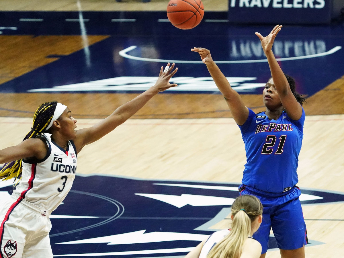 DePaul guard Darrione Rogers shoots vs. UConn