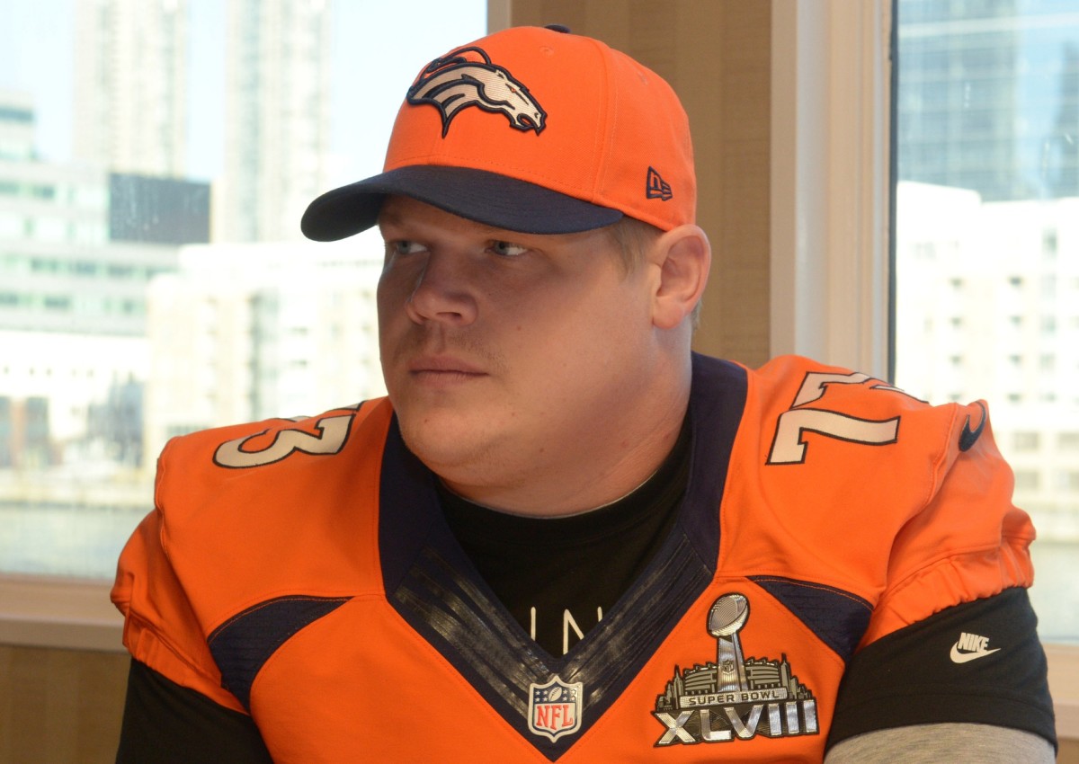 Denver Broncos guard Chris Kuper (73) at a press conference in advance of Super Bowl XLVIII on the Cornucopia Majesty yacht on the Hudson River.
