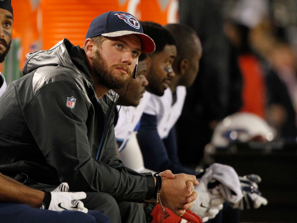 Tennessee Titans quarterback Zach Mettenberger (7) looks on from the bench during the second half against the Jacksonville Jaguars at EverBank Field. Jacksonville Jaguars defeated the Tennessee Titans 21-13.