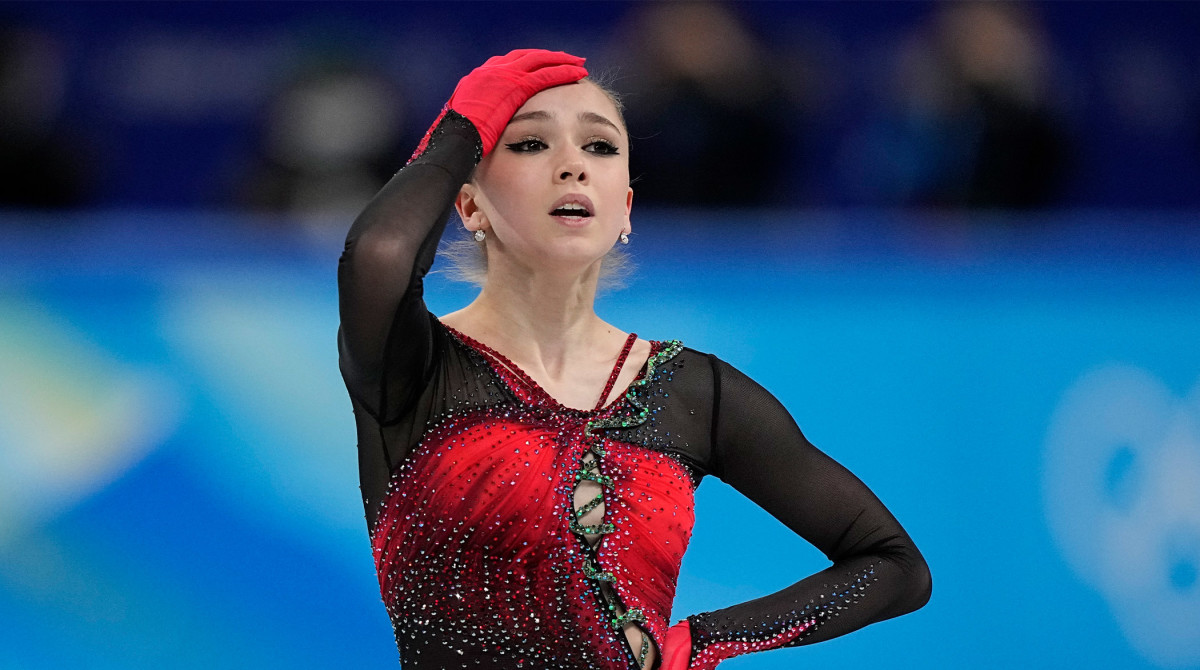 Kamila Valieva, of the Russian Olympic Committee, reacts in the women's team free skate program during the figure skating competition at the 2022 Winter Olympics, Monday, Feb. 7, 2022, in Beijing.