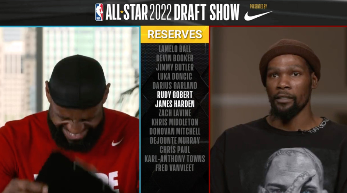 LeBron James laughs as Kevin Durant picks Rudy Gobert over James Harden for the 2022 All-Star Game.
