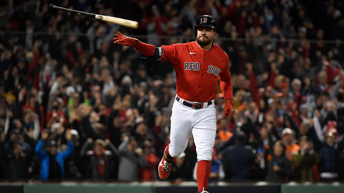 Oct 18, 2021; Boston, Massachusetts, USA; Boston Red Sox first baseman Kyle Schwarber (18) flips the bat as he runs the bases after hitting a grand slam against the Houston Astros during the second inning of game three of the 2021 ALCS at Fenway Park. Mandatory Credit: Bob DeChiara-USA TODAY Sports
