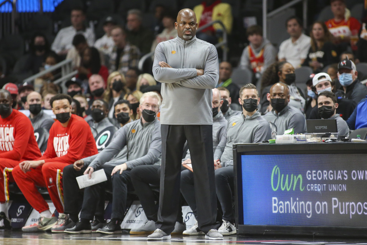 Feb 11, 2022; Atlanta, Georgia, USA; Atlanta Hawks head coach Nate McMillan looks on from the sideline against the San Antonio Spurs in the first quarter at State Farm Arena.