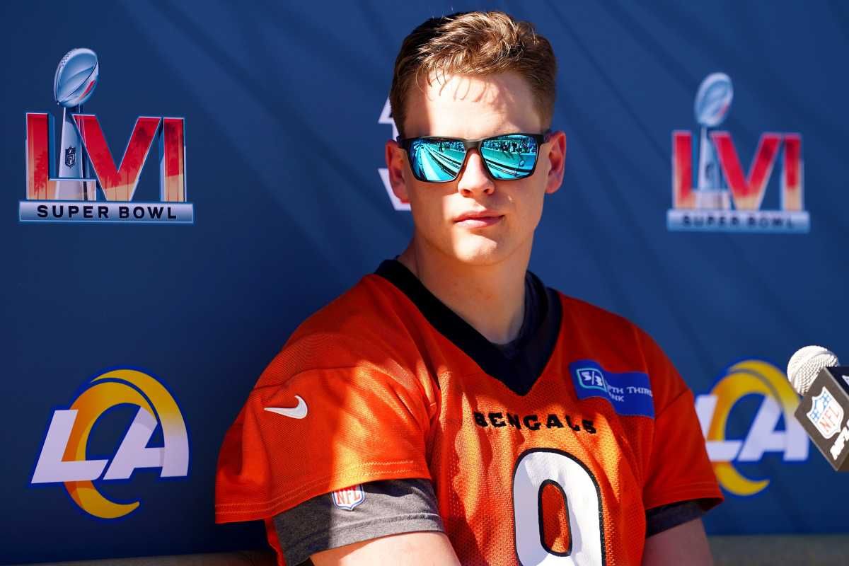 Cincinnati Bengals quarterback Joe Burrow (9) answers questions from the press during in-person availability, Friday, Feb. 11, 2022, at Drake Stadium on the UCLA campus in Los Angeles.
