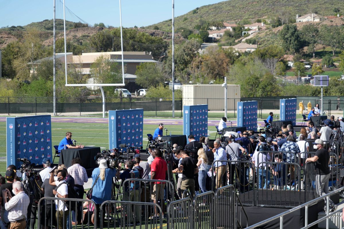 Los Angeles Rams quarterback Matthew Stafford, receiver Cooper Kupp, receiver Odell Beckham Jr., running back Cam Akers and safety Eric Weddle (from left) are interviewed by media during press conference at Cal Lutheran University.