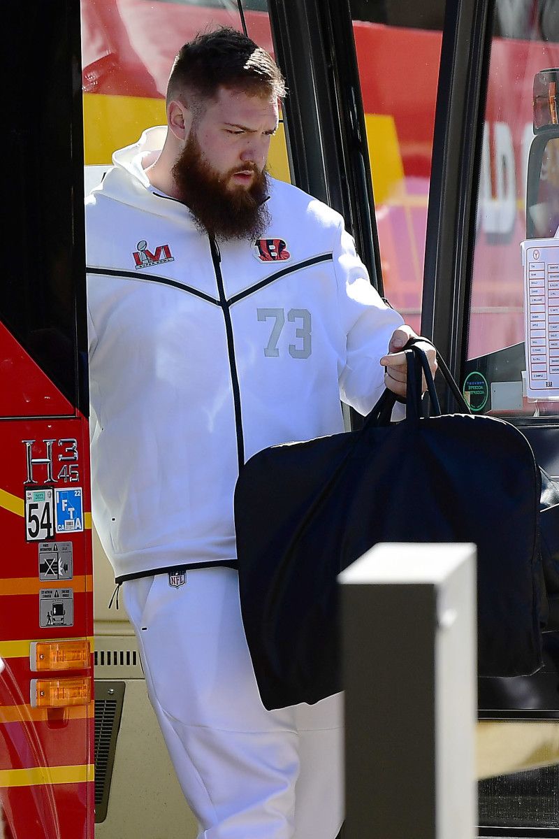 Former Alabama offensive tackle Jonah Williams (73) of the Cincinnati Bengals arrives at the UCLA Luskin Conference Center in anticipation of Super Bowl LVI.